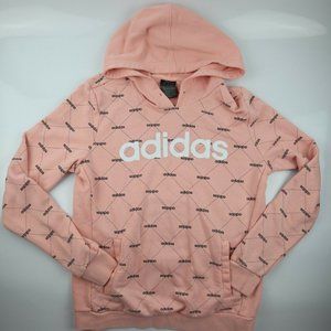Adidas Womens sz S Sweatshirt Hoodie All over Spellout Print Pink Hoodie Pockets